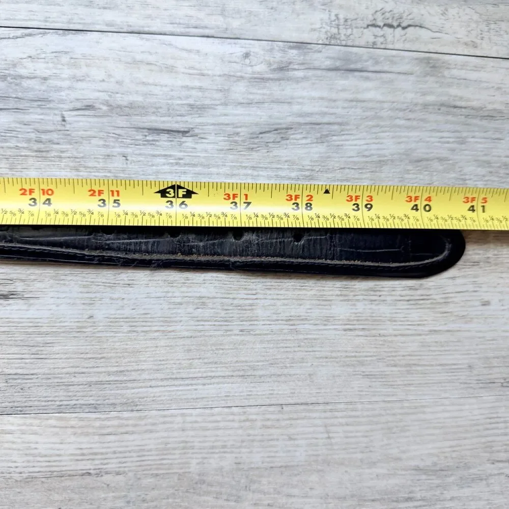 Vintage Black Genuine Leather Belt Textured Inlay Silver Buckle Size 36
